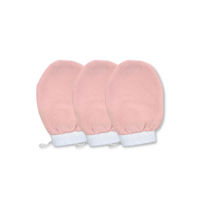 Three pink gloves with white cuffs on a white background