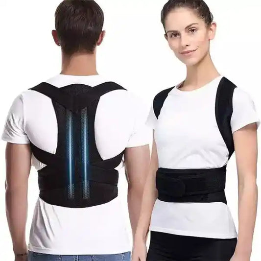Back brace worn by a man and a woman on a white background