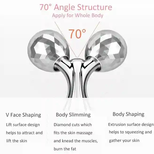 Massage tool with 70-degree angle structure for whole body use, featuring text on its benefits.