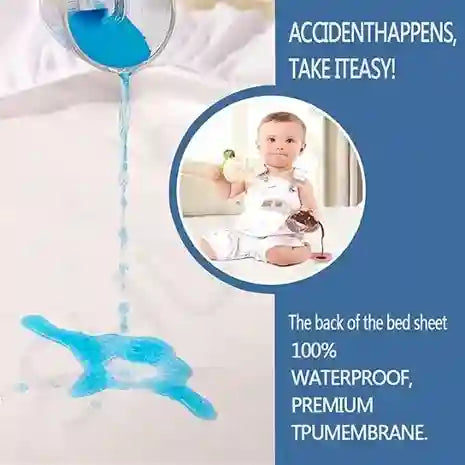 Advertisement showing a baby with a waterproof bed sheet and text about its features.