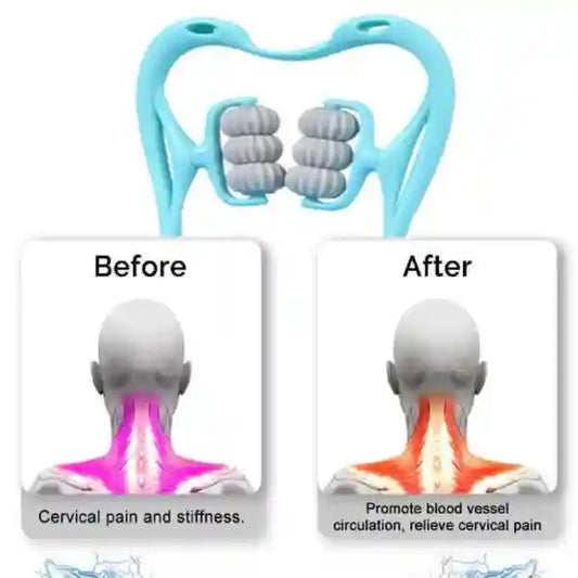 Neck massager device showing before and after effects on cervical pain and stiffness.
