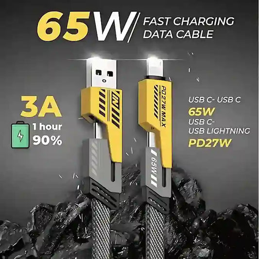 65W fast charging data cable with USB C and Lightning connectors on a dark background.