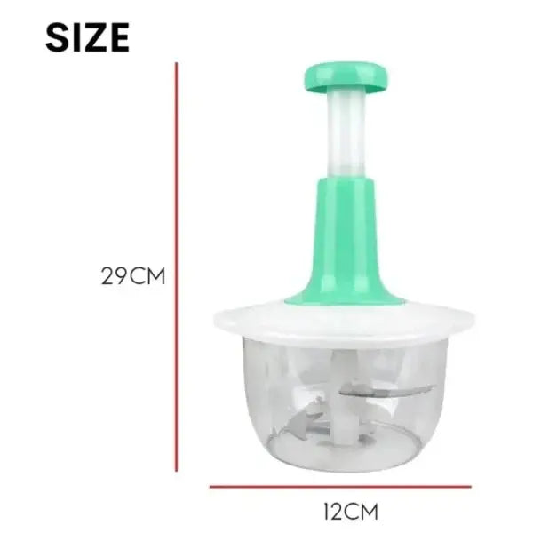 Green and white kitchen tool with measurements on a white background