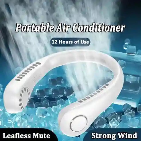 Portable air conditioner with ice cubes and water droplets on a blue background