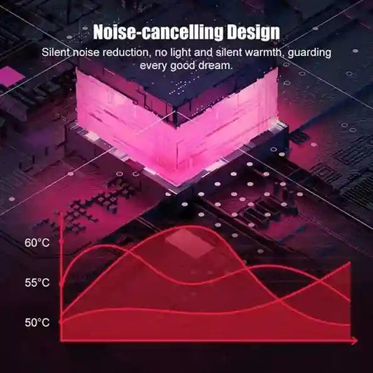 Electronic component with pink glow on a circuit board background, featuring text about noise-cancelling design.