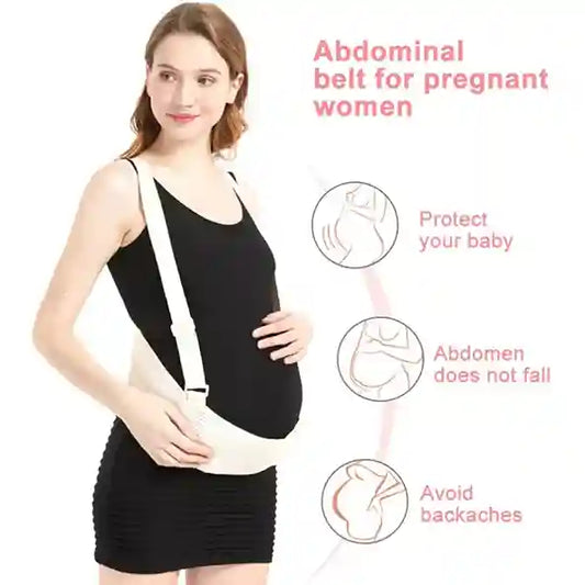 Woman wearing an abdominal belt for pregnant women with text highlighting benefits on a white background.