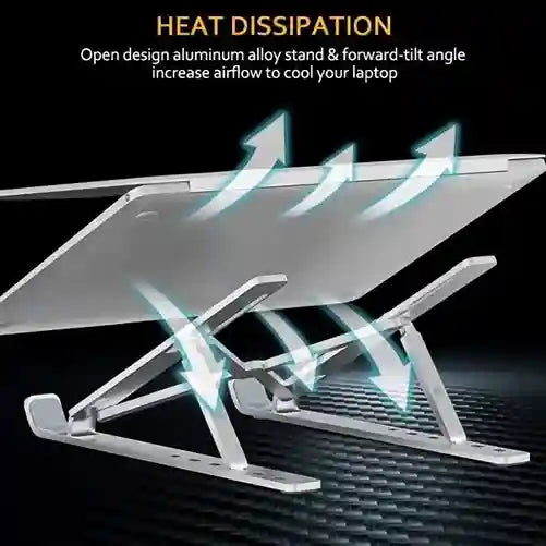Laptop stand with heat dissipation features on a dark background