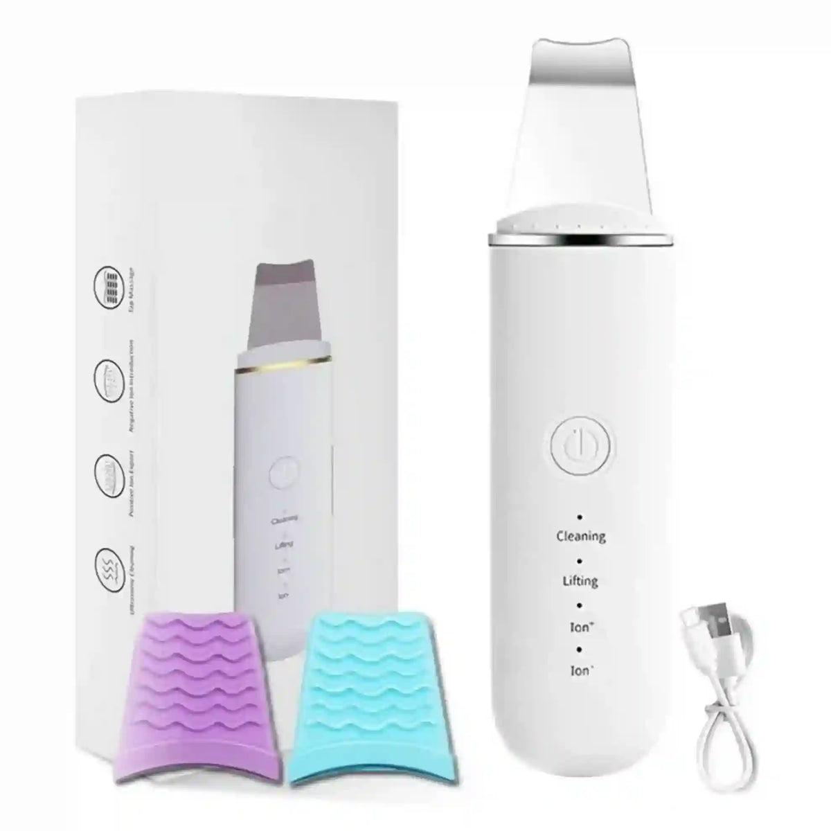 White electronic device with attachments and packaging on a white background