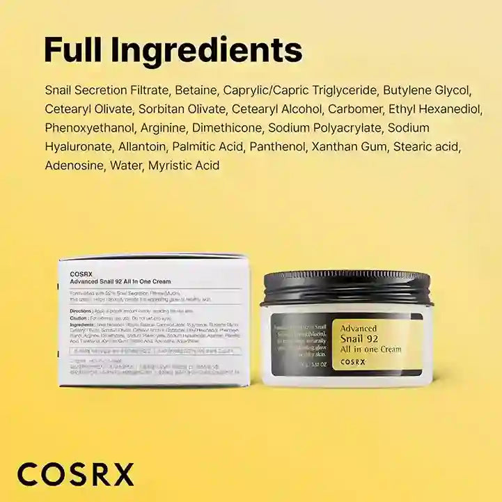 Cosrx cream jar and box with full ingredients list on a yellow background