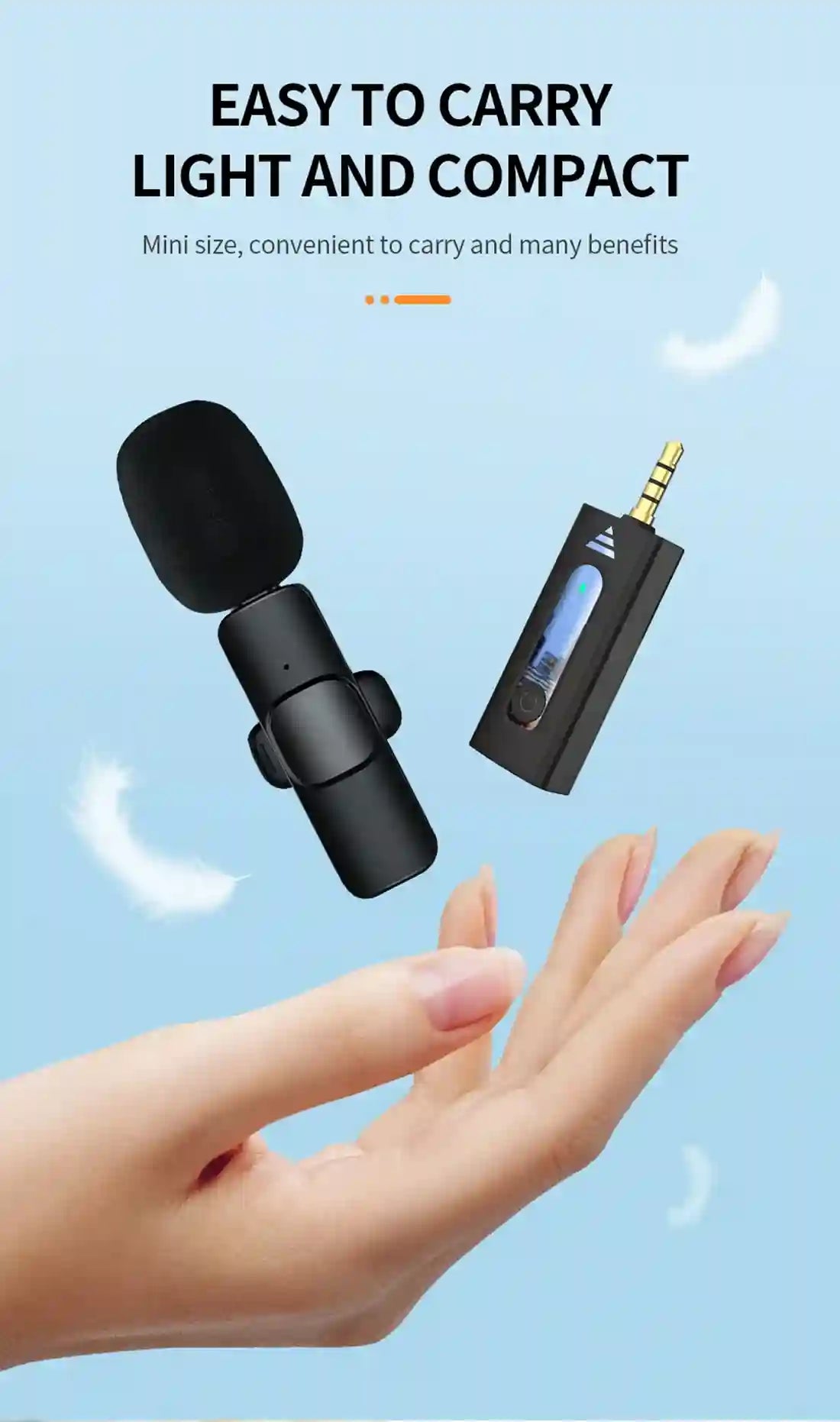 Small black microphone and receiver held in a hand against a light blue background with text about ease of carrying.