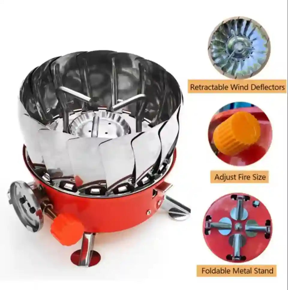 Portable stove with features highlighted on a white background
