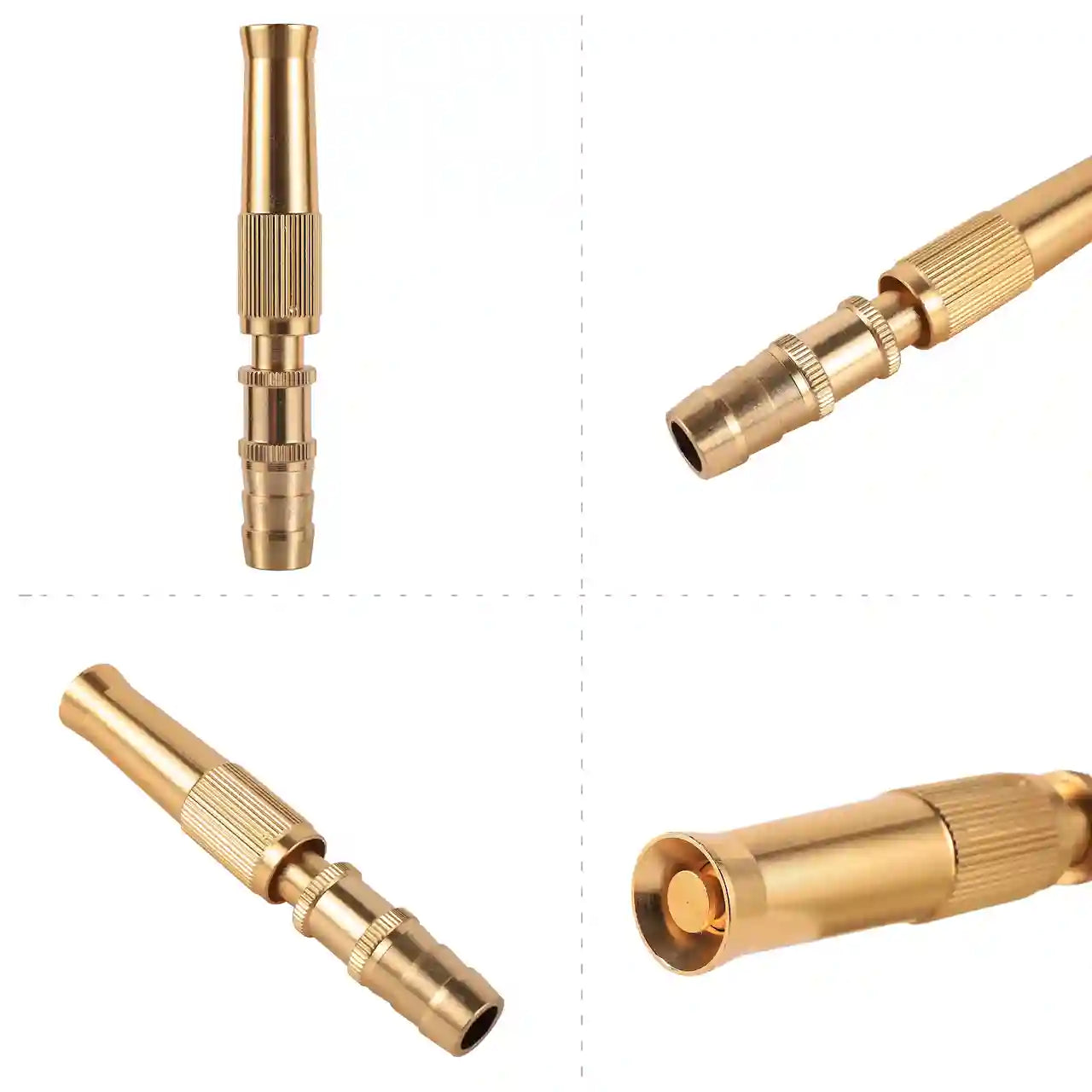 Four different views of a gold brass fitting on a white background