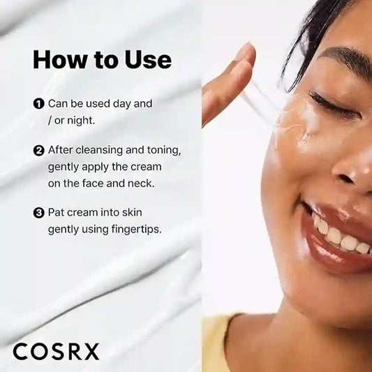 Cosrx skincare cream application instructions with a woman applying cream to her face.