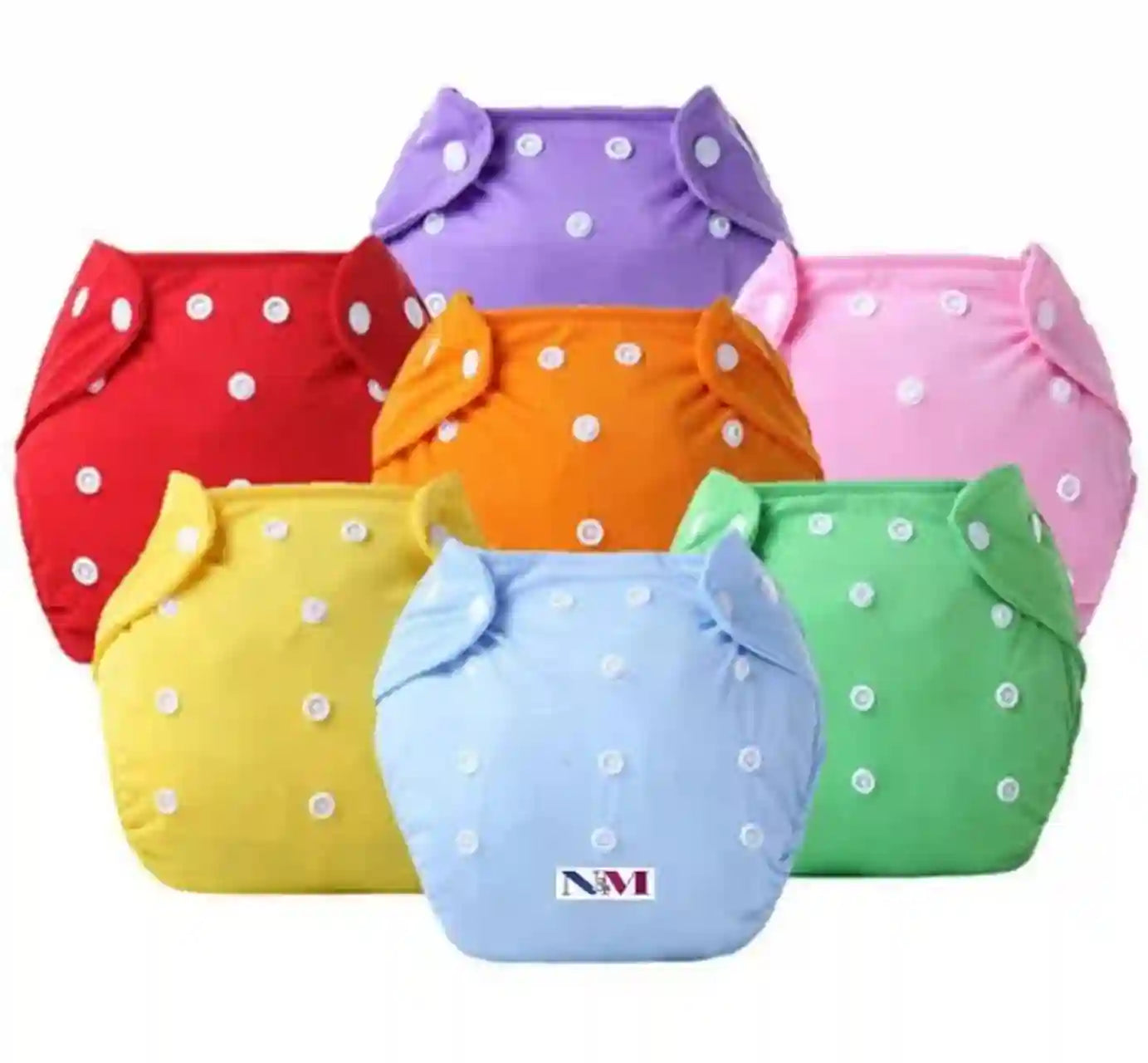 Set of colorful cloth diapers with white polka dots on a white background