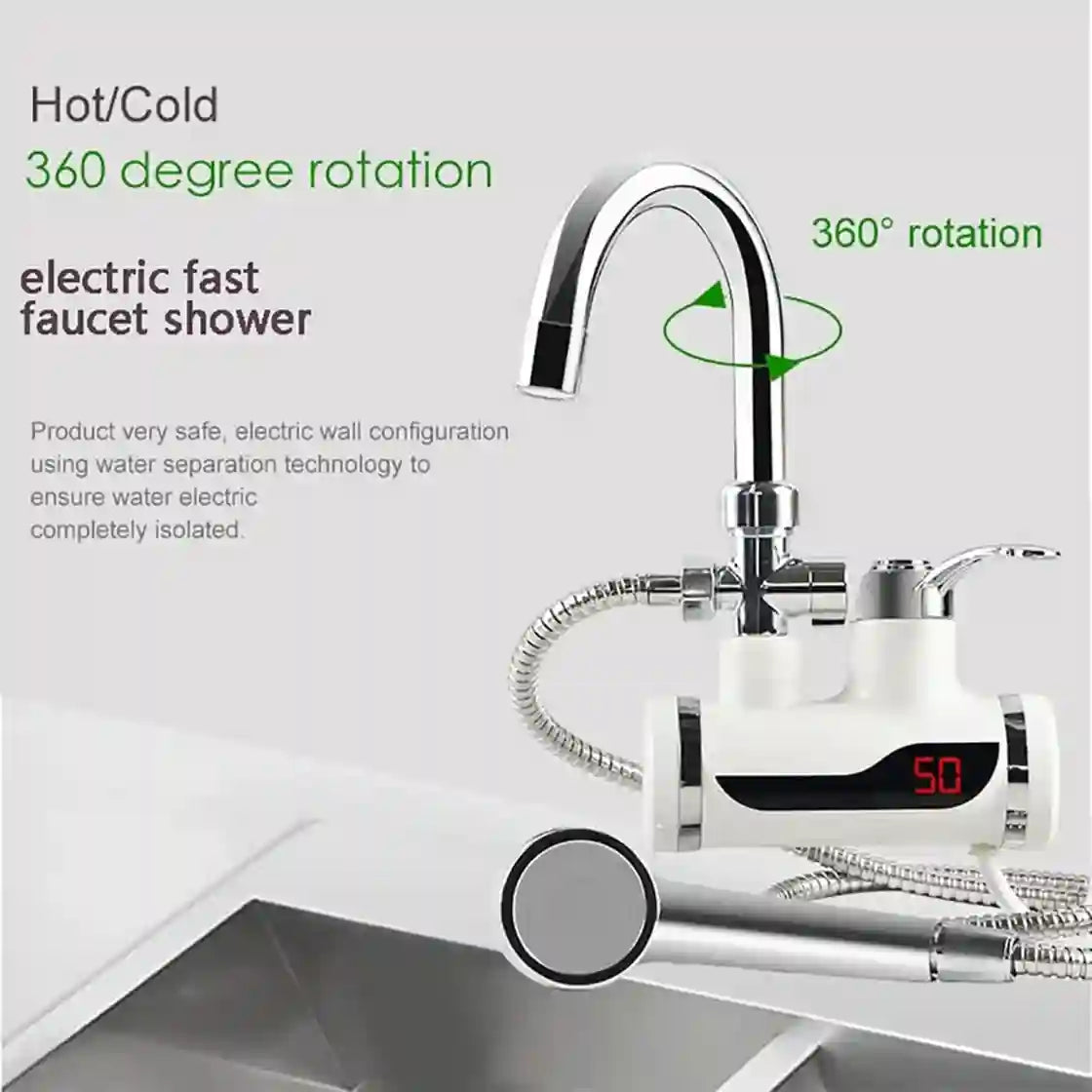 Electric fast faucet shower with 360-degree rotation on a white background