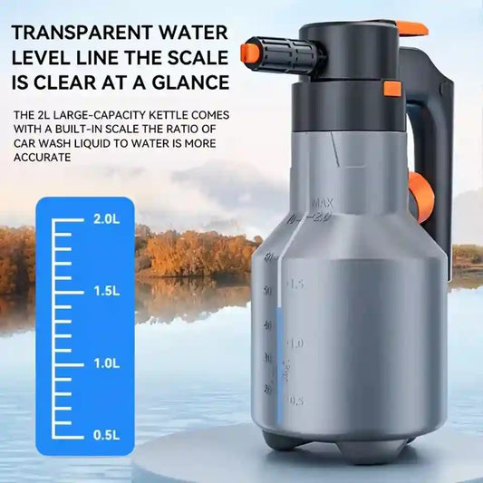 Car wash liquid dispenser with measurement scale against a scenic background