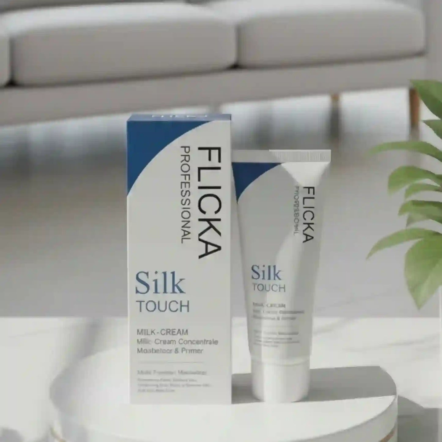 Flicka Silk Touch skincare product on a white surface with a blurred background