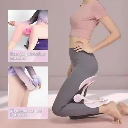 Person using a device on their pelvic area with inset images showing muscle exercise and buttocks.