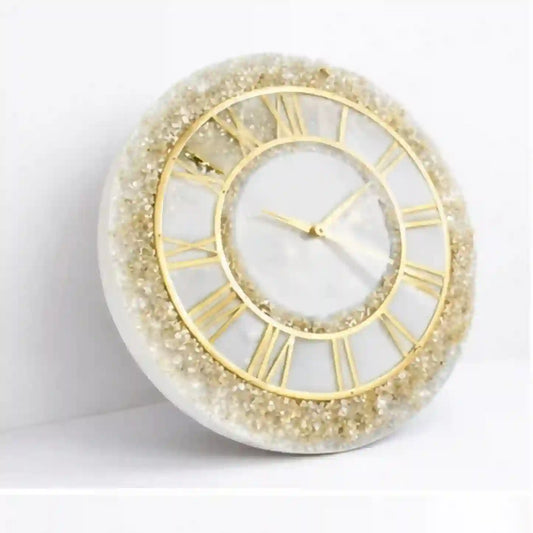 Mehmat Collection White Fire Glass Decorative wall clock with gold frame and Roman numerals on a white background