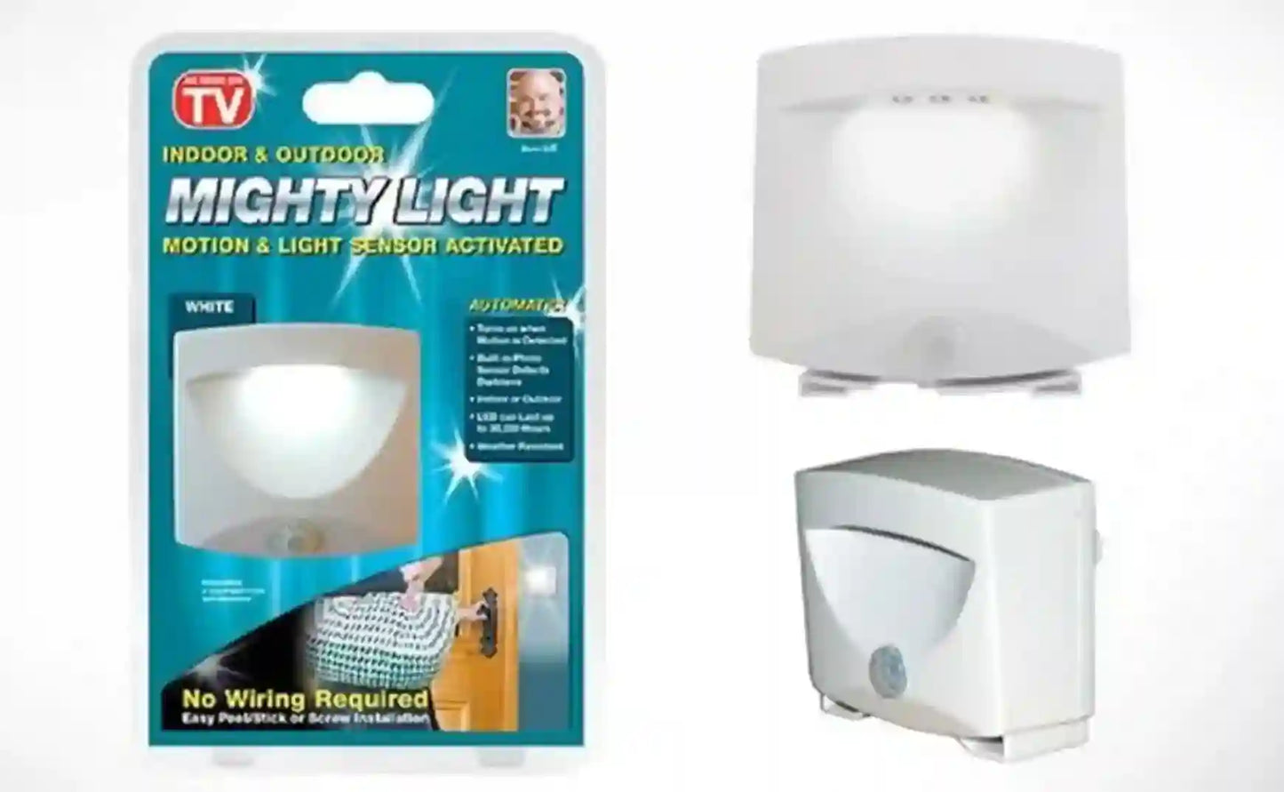 Mighty Light packaging and light fixture on a white background