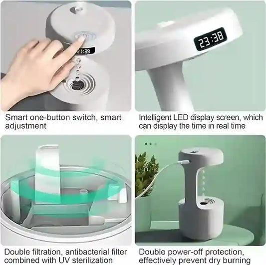 Product with smart one-button switch, LED display, filtration system, and power-off protection features.