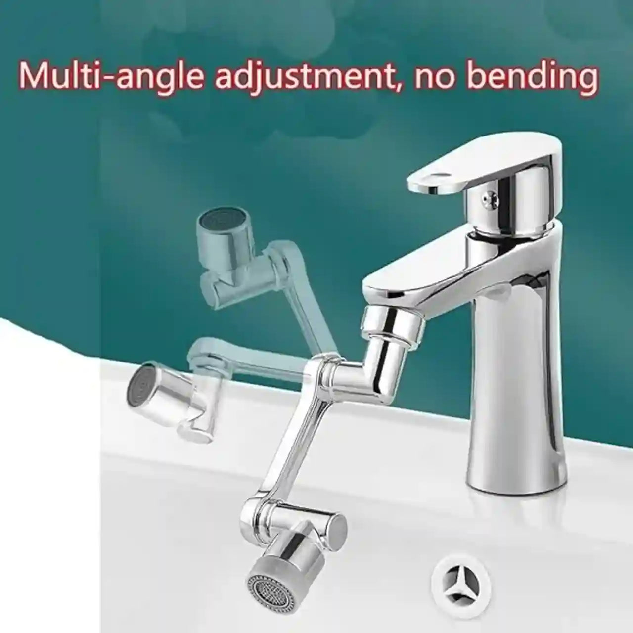 Chrome faucet with multi-angle adjustment feature on a white surface with green background