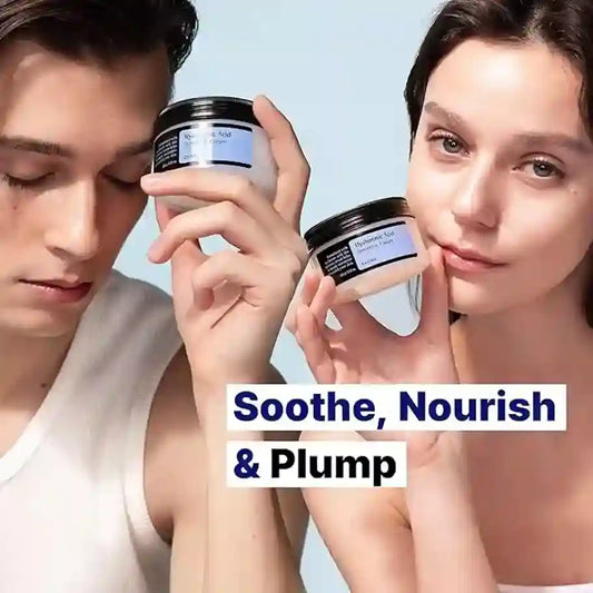 Two people holding jars of a skincare product with text 'Soothe, Nourish & Plump' on a clear blue background.