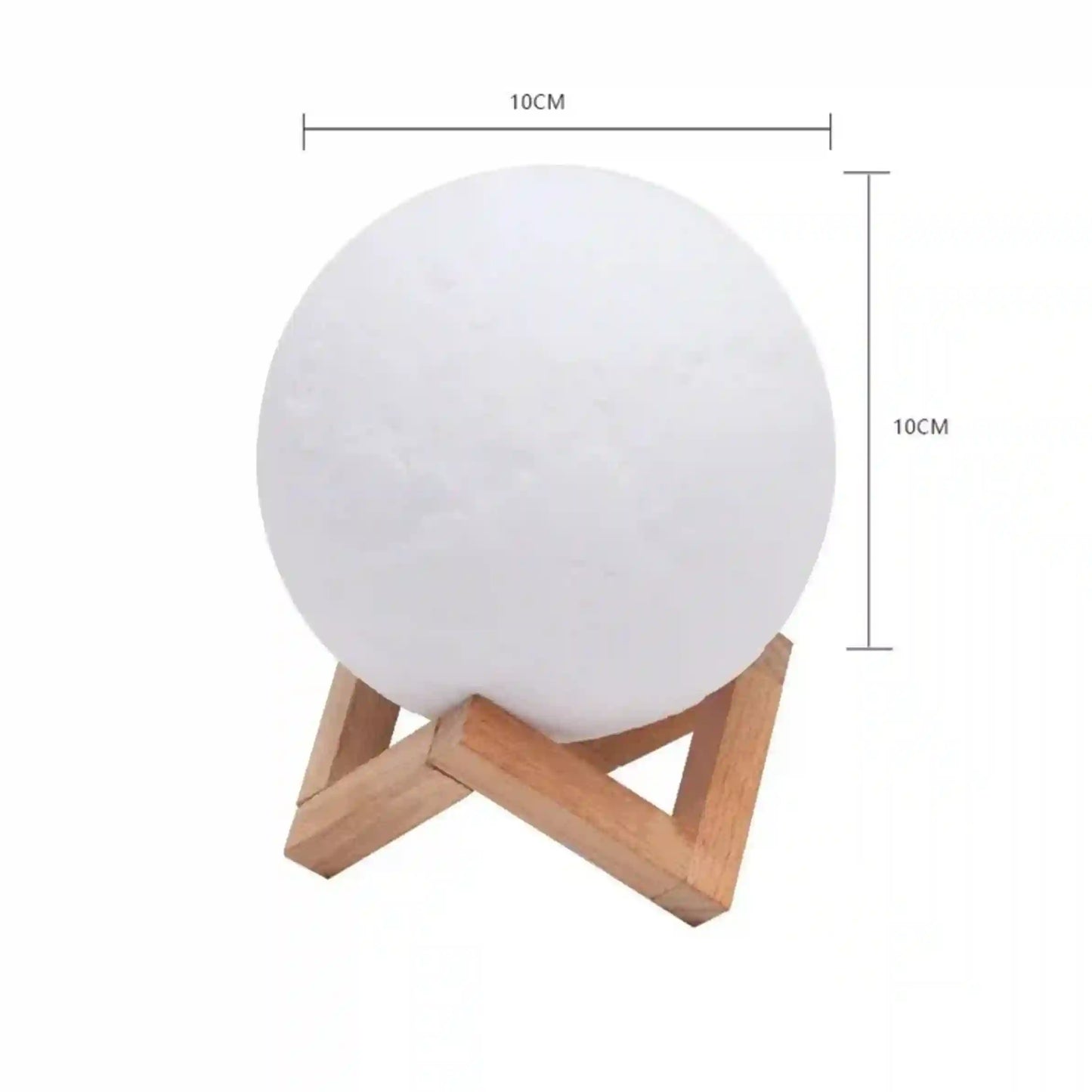 Moon-shaped lamp with wooden base and dimensions indicated