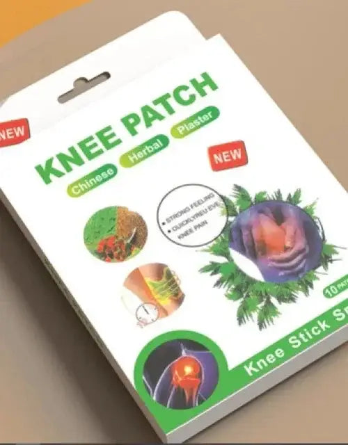 Knee patch packaging with herbal illustrations on a beige background