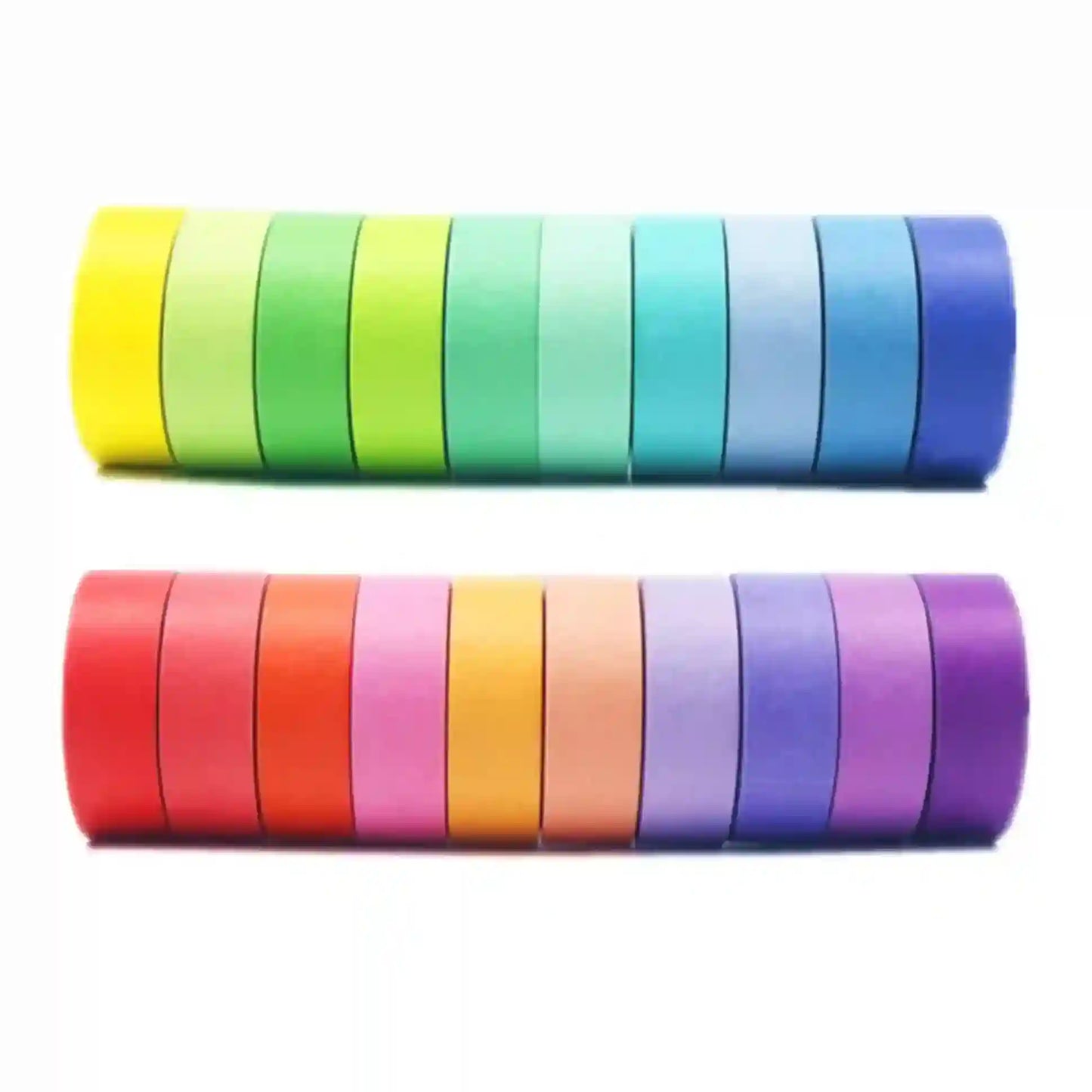 Two cylindrical objects with colorful bands stacked on a white background