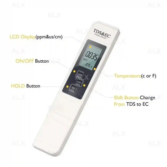 Digital TDS & EC meter with labeled buttons and display on a white background