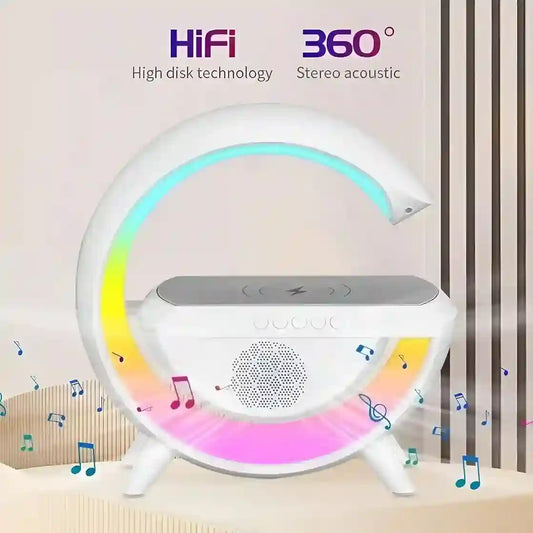 Round LED lamp with colorful lighting effects and 'HiFi' and '360°' text on a light background.