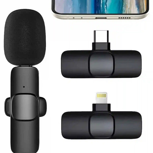 Black smartphone microphone attachment with USB-C and Lightning connectors on a white background.