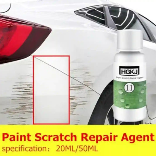 Car with paint scratch, HGKJ paint scratch repair agent bottle displayed.