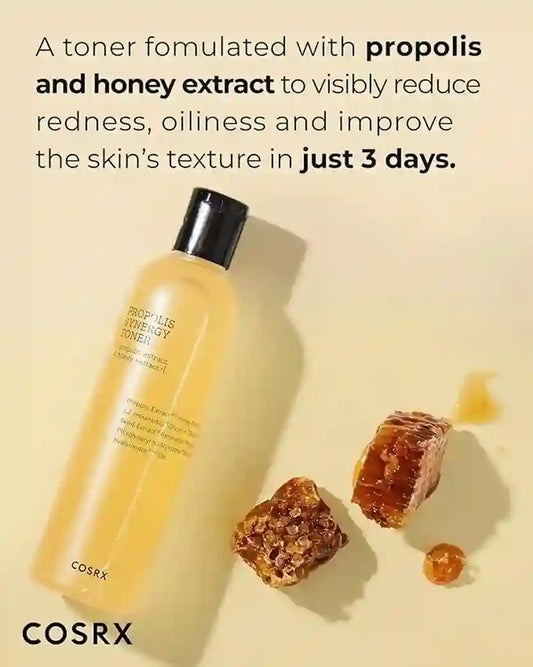 Cosrx toner bottle with propolis and honey extract on a beige background