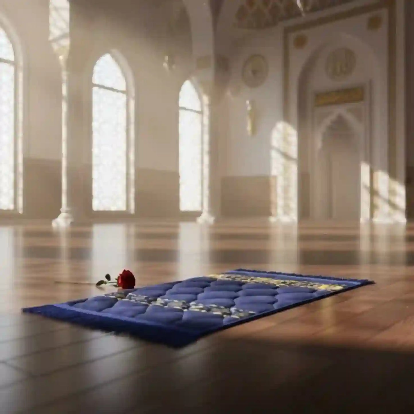Blue prayer mat with a red flower on a wooden floor in a large, empty room with high ceilings and large windows.