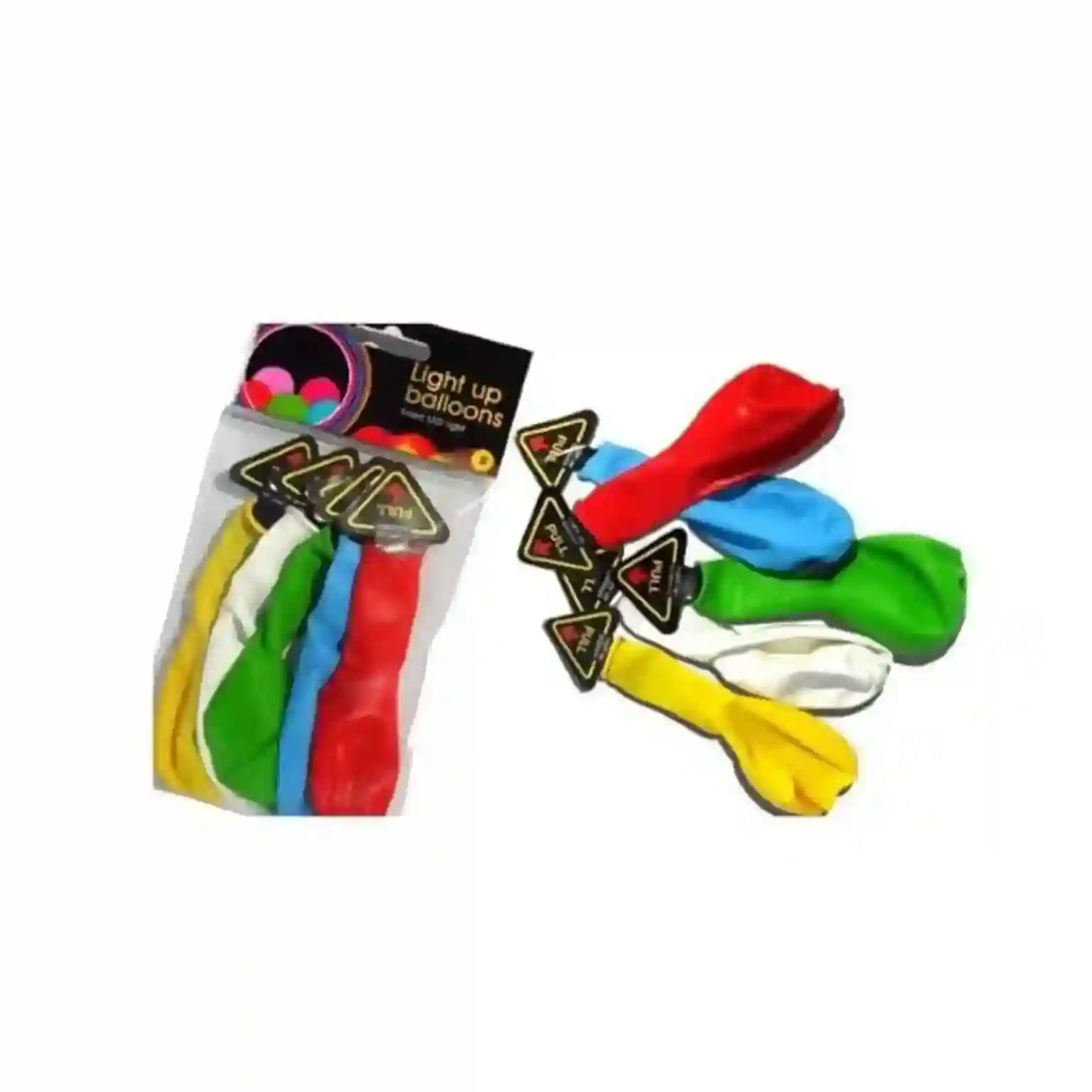 Packaged light-up balloons with colorful balloons spilling out on a white background