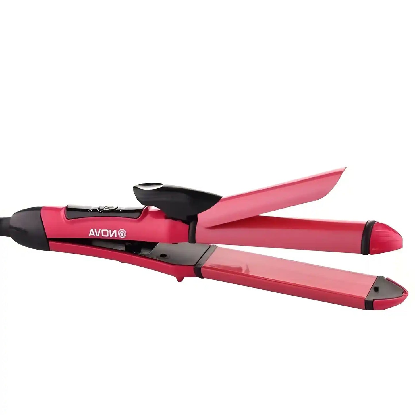Red hair straightener with black accents on a white background, featuring the Avon brand.