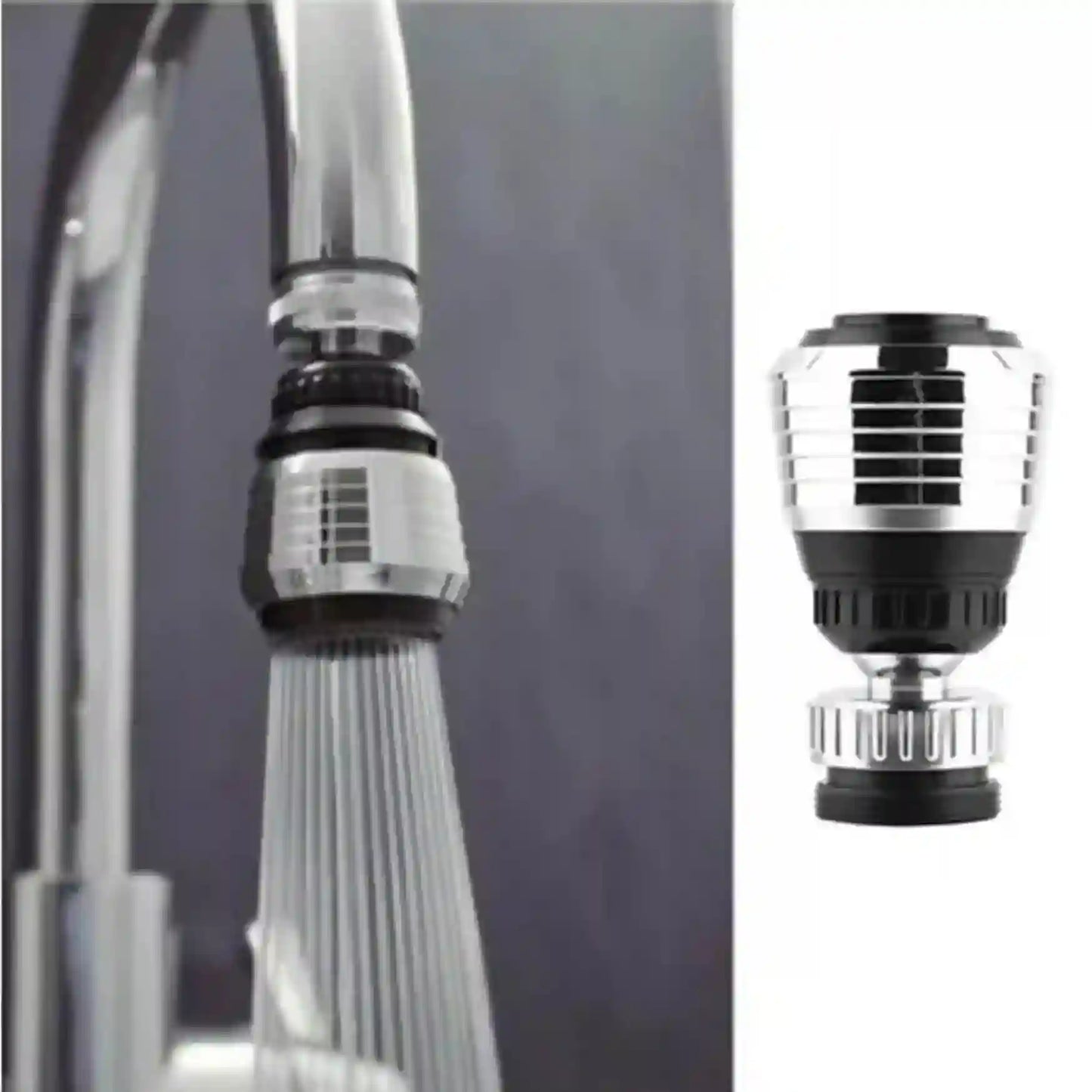 Faucet filter attachment with water flowing and close-up view on a gray background
