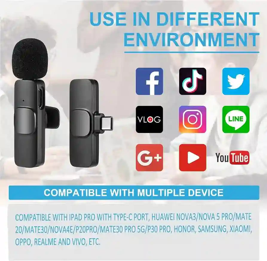 Two microphones with compatibility icons for various platforms on a white background.