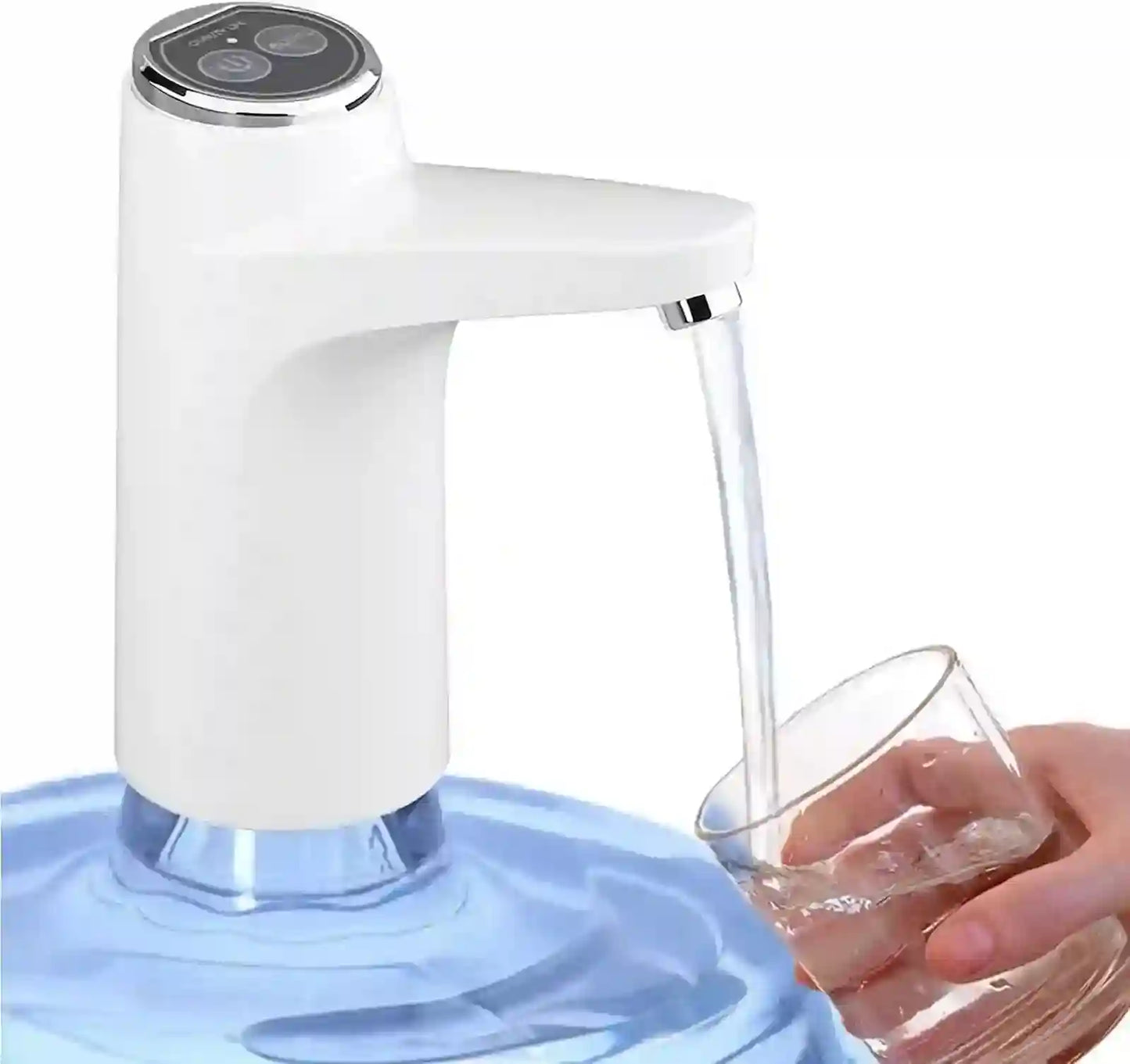 White electric water dispenser pouring water into a glass on a white background