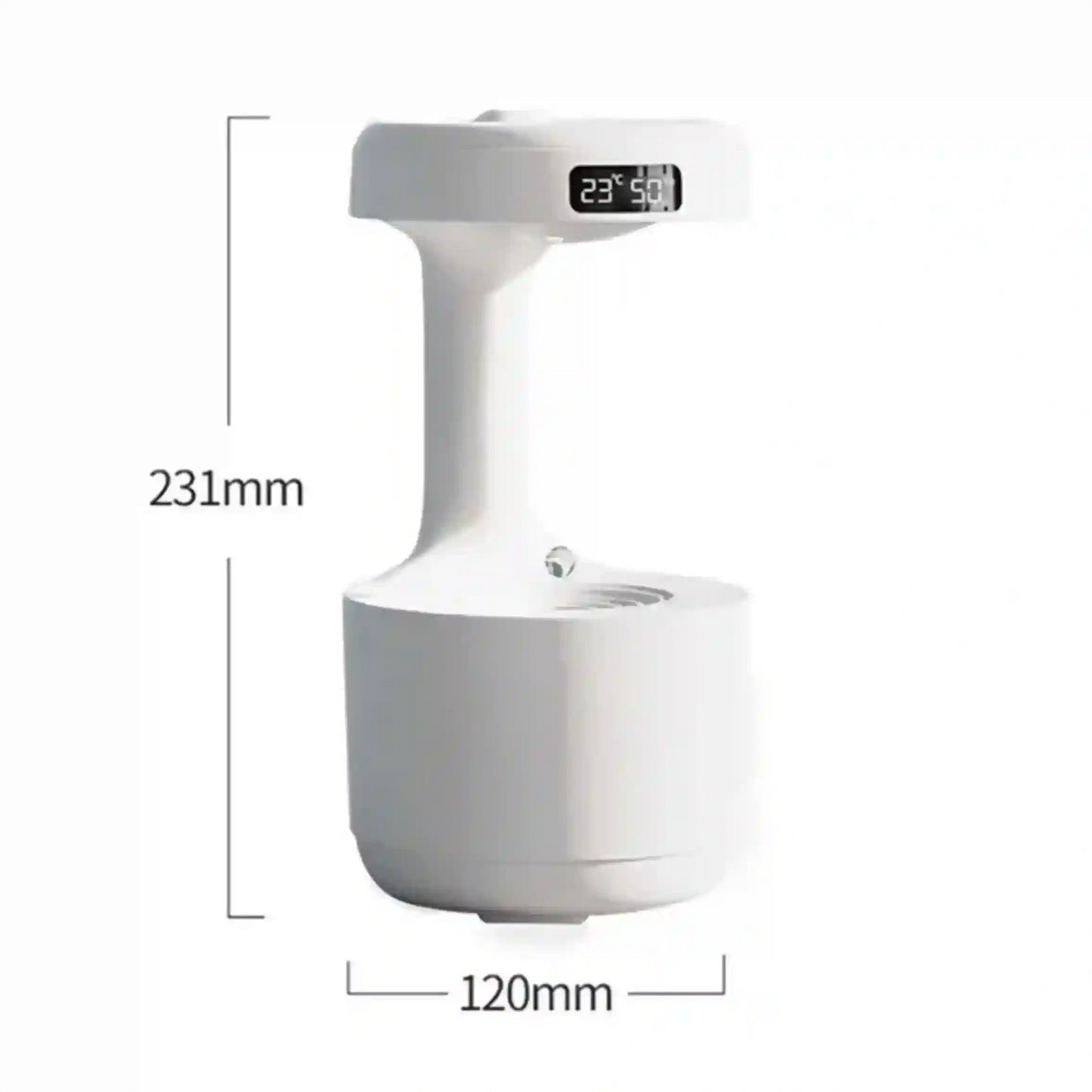 White electronic device with digital display and measurements on a white background