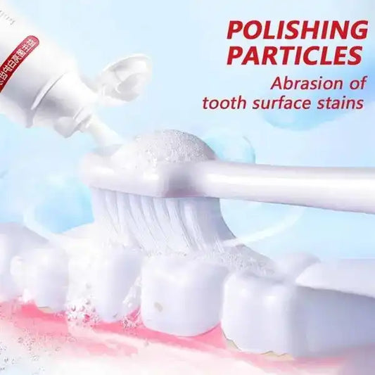 Toothbrush head with polishing particles and text on a light blue background