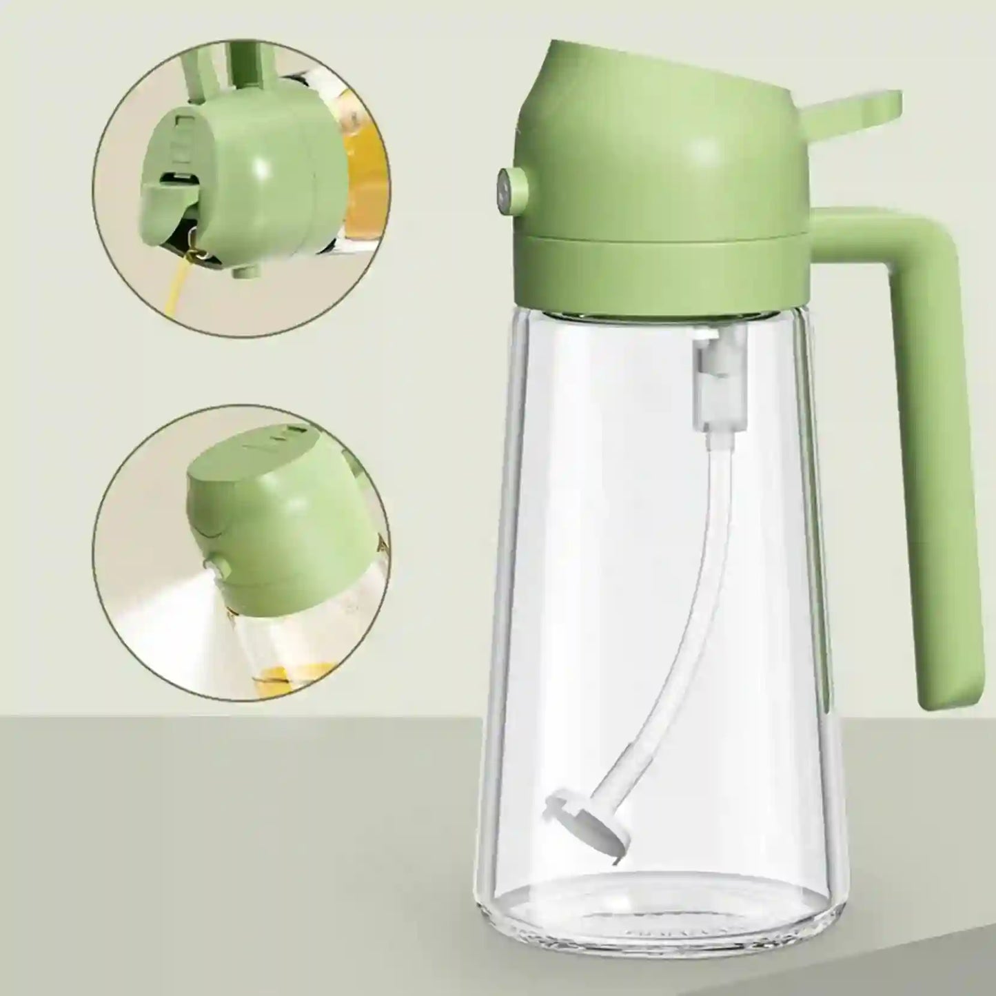 Clear glass bottle with green lid and handle on a light gray background