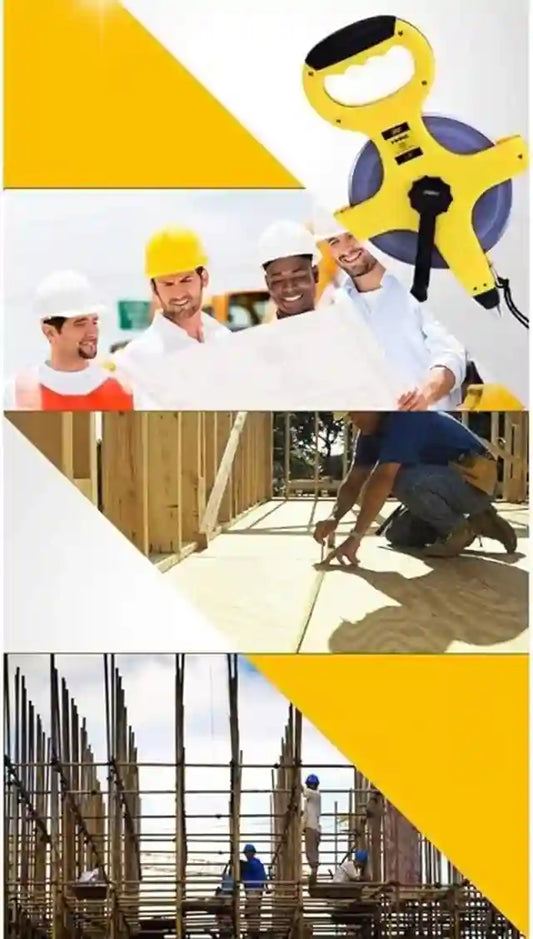 Collage of construction workers and tools with a focus on a yellow and black tool.