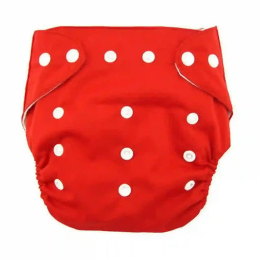 Red cloth diaper with white buttons on a white background
