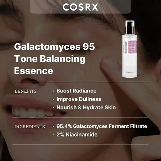 COSRX Galactomyces 95 Tone Balancing Essence with product image and benefits listed.