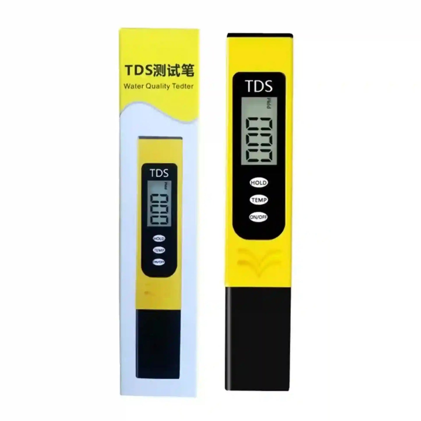 TDS tester with digital display and packaging on a white background