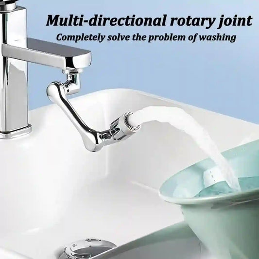 Chrome faucet with a multi-directional rotary joint in action, pouring water into a bowl.