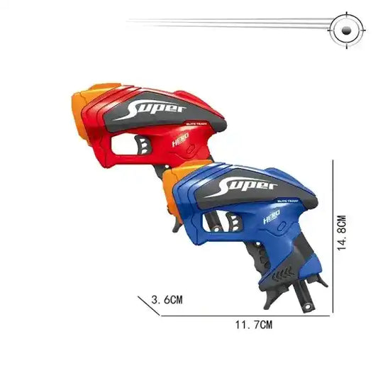 Two toy guns, one red and orange, one blue and black, with 'Super Hero' branding and measurements on a white background.